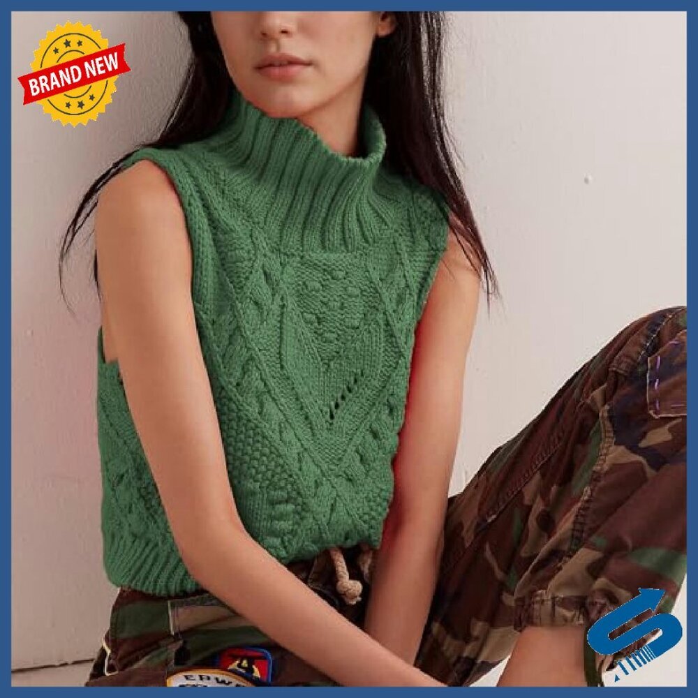 Cotton Crochet Turtleneck Sweater Vest Women's Sleeveless Pullover Fall - Picture 5 of 8